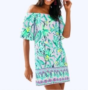 Lilly Pulitzer Fawcet Dress Medium Lilac Verbena Off Shoulder Floral Boho Print
